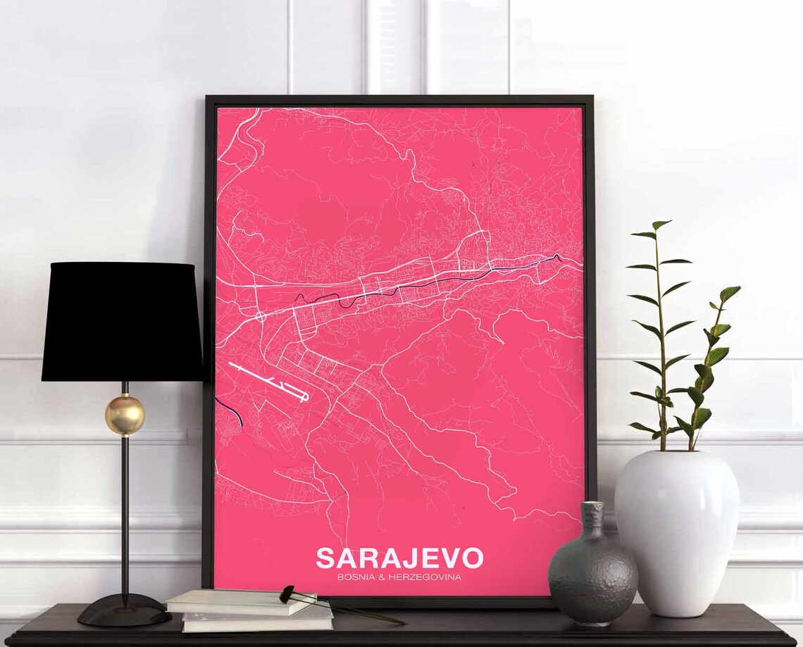 Sarajevo Bosnia and Herzegovina Hot Pink City Map Bold Modern Home Wall Poster