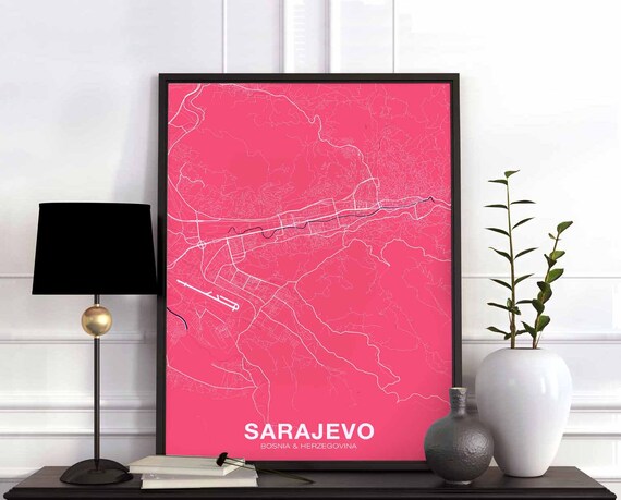 Sarajevo Bosnia Herzegovina Map Poster Color Hometown City Print Modern Home Decor Office Decoration Wall Art Dorm Bedroom Gift