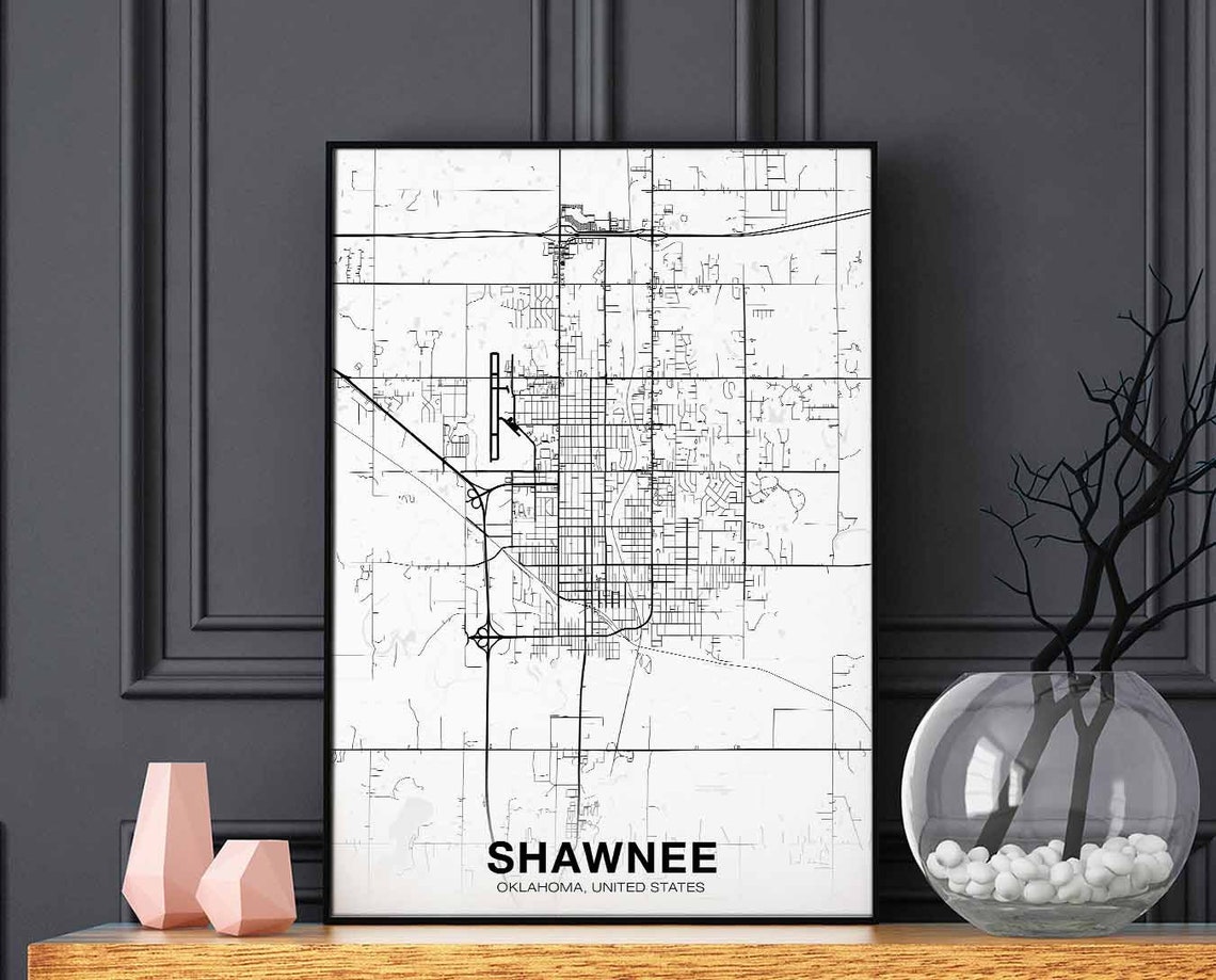 Shawnee Oklahoma Black And White Minimalist Modern City Map Poster