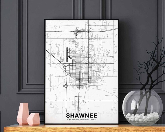 Shawnee Oklahoma Ok Usa Map Poster Black White Hometown City Print Modern Home Decor Office Decoration Wall Art Dorm Bedroom Gift