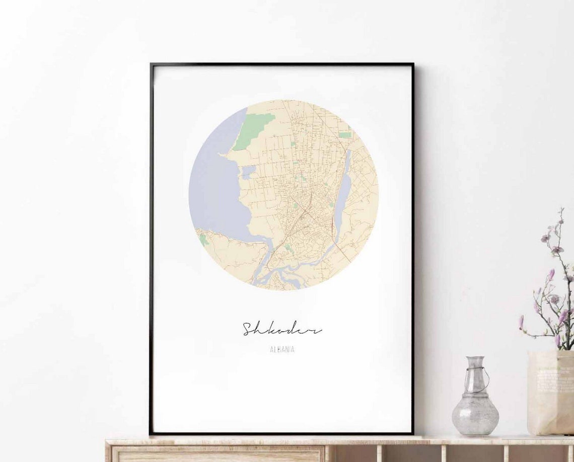 Shkoder Albania Circle Lakeside Map Poster Minimalist Round City Art