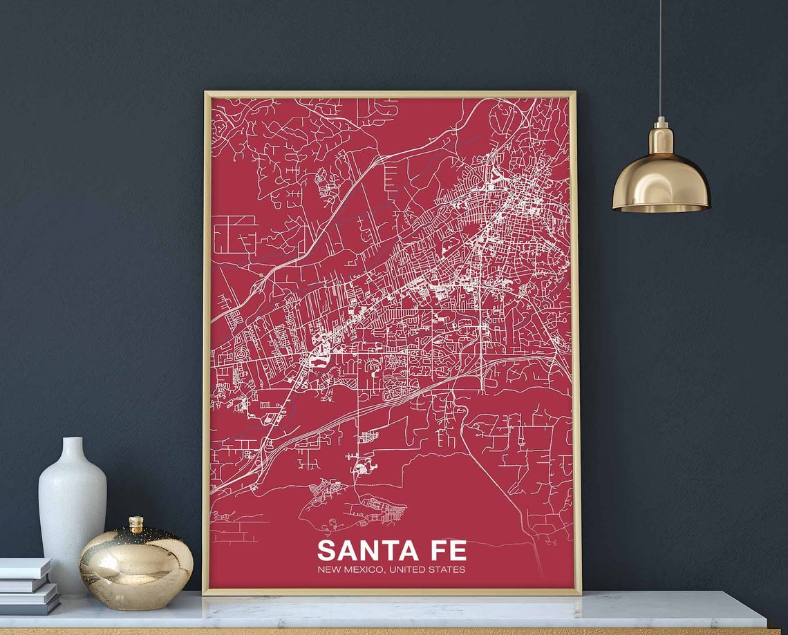 Santa Fe New Mexico Bold Red Street Map Poster Modern Home Decor Gift
