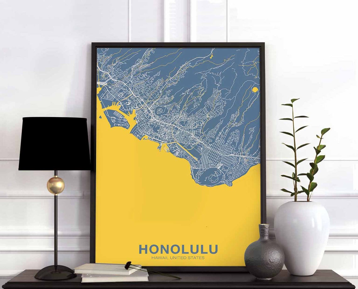 Honolulu Hawaii Bold Yellow Blue City Street Map Gift Poster