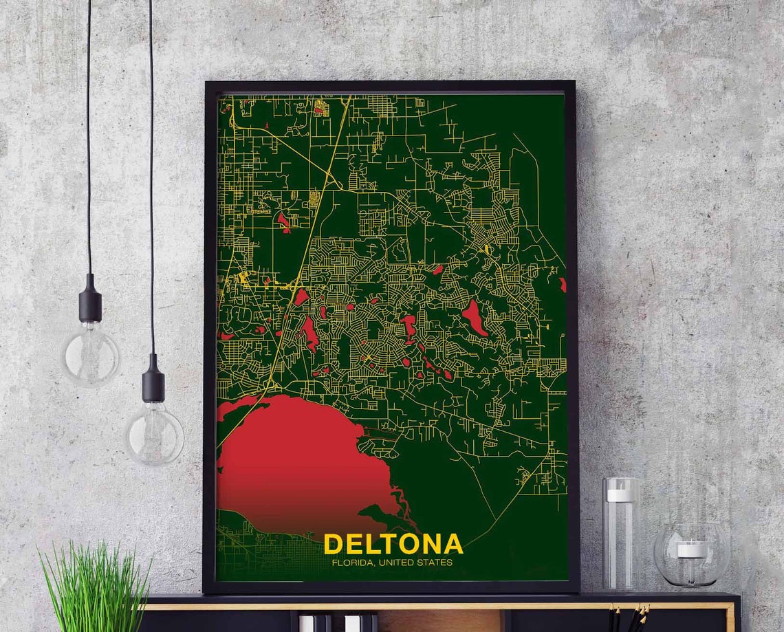 Deltona Florida Hometown Golden Street Map Modern City Wall Art
