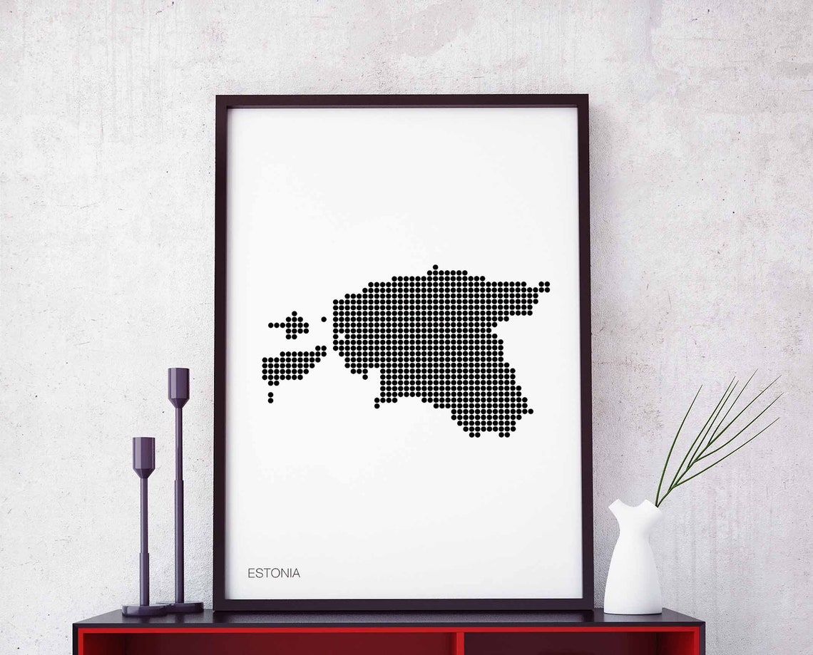 Estonia Black Dots Retro Map Minimal Monochrome Home Decor Poster