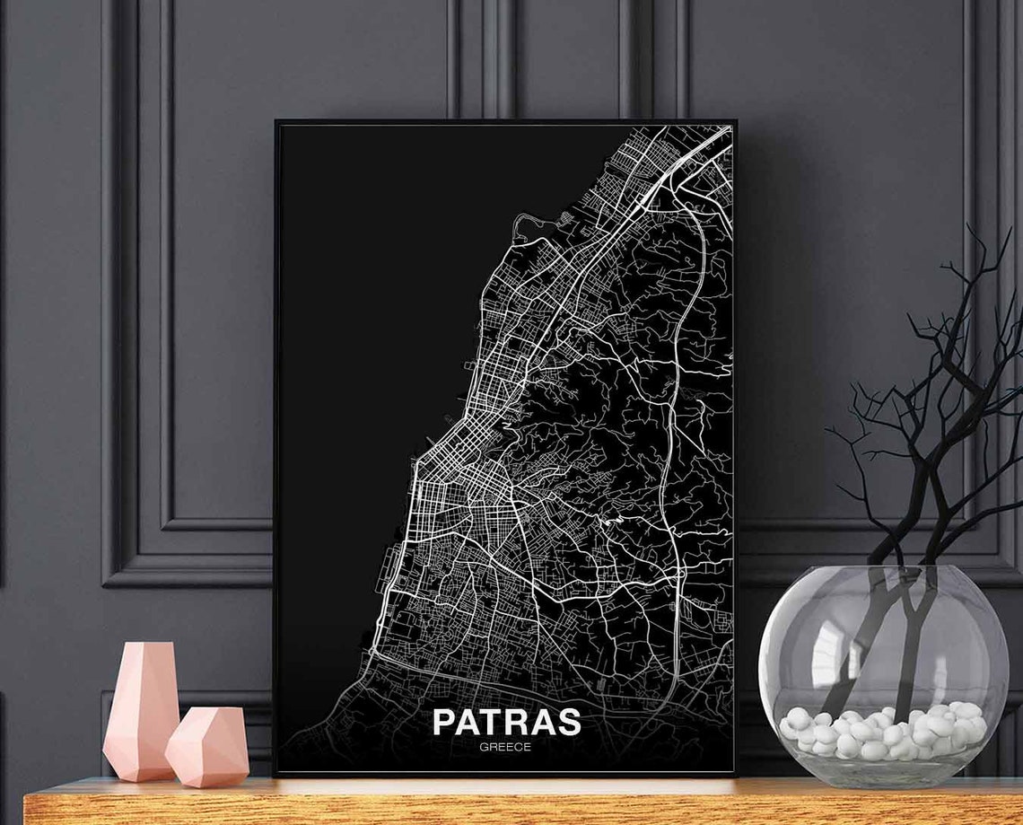 Patras Greece Vintage Black and White City Street Map Poster