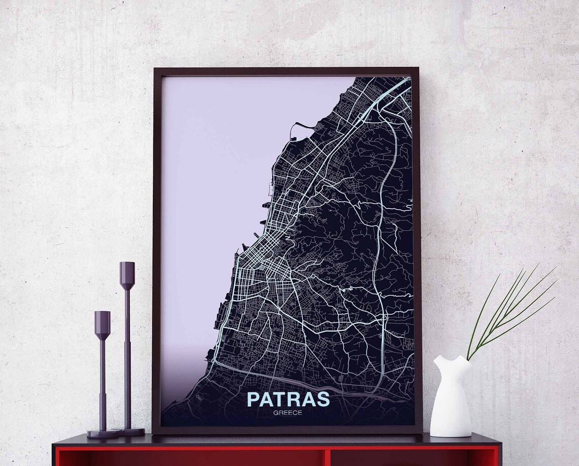 Night Blue Street Map of Patras Greece Minimal City Decor Poster