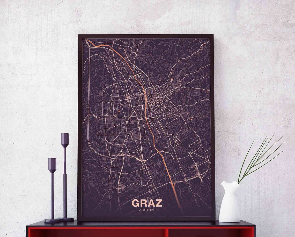 Graz Austria City Street Map Dark Copper Modern Minimalist Poster