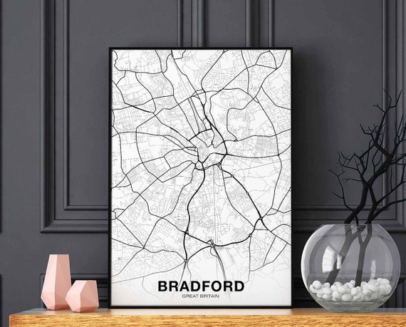 Bradford Great Britain Uk Map Poster Black White Hometown City Print Modern Home Decor Office Decoration Wall Art Dorm Bedroom Gift