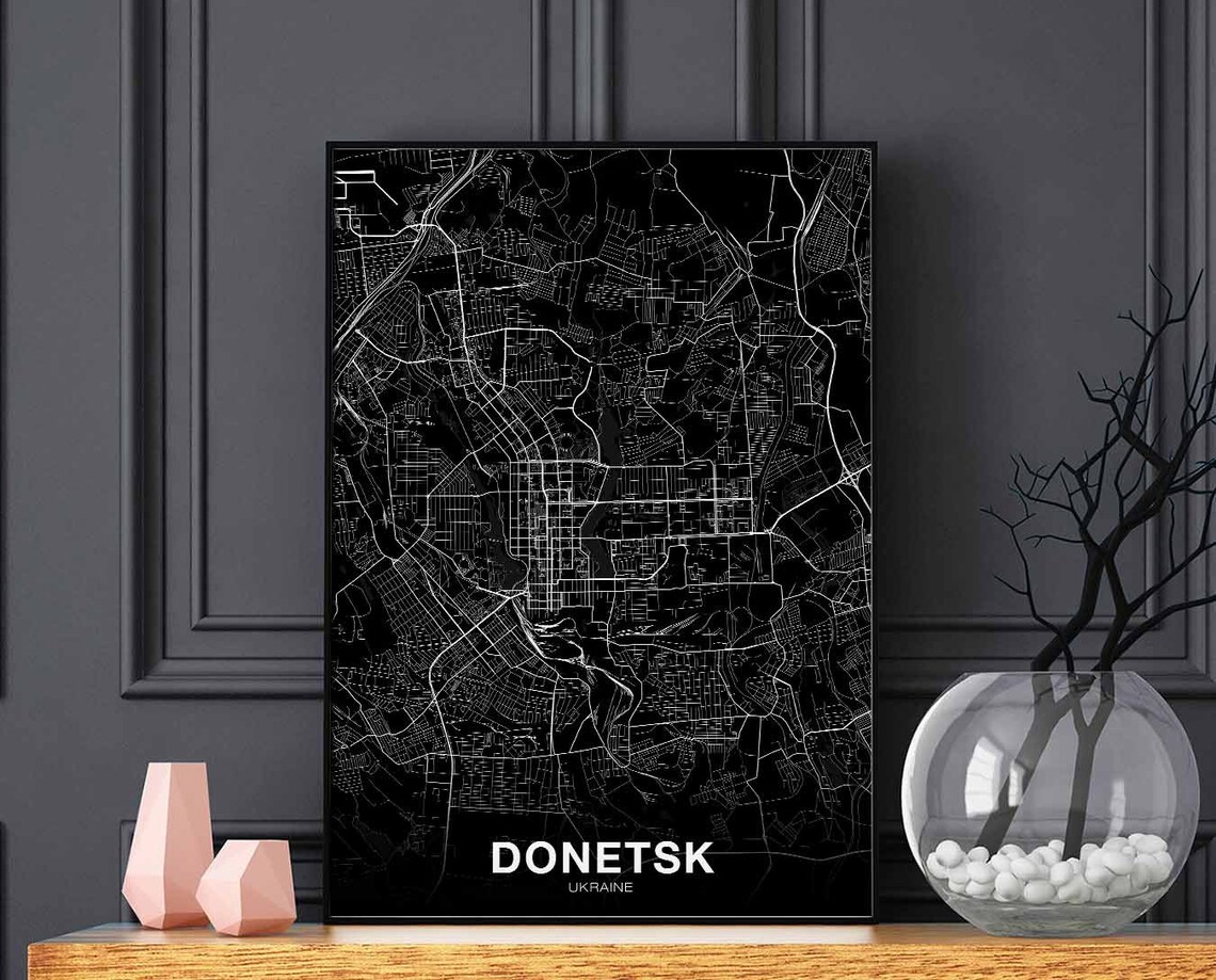 Donetsk Ukraine Black and White City Map Modern Street Art Hometown Poster