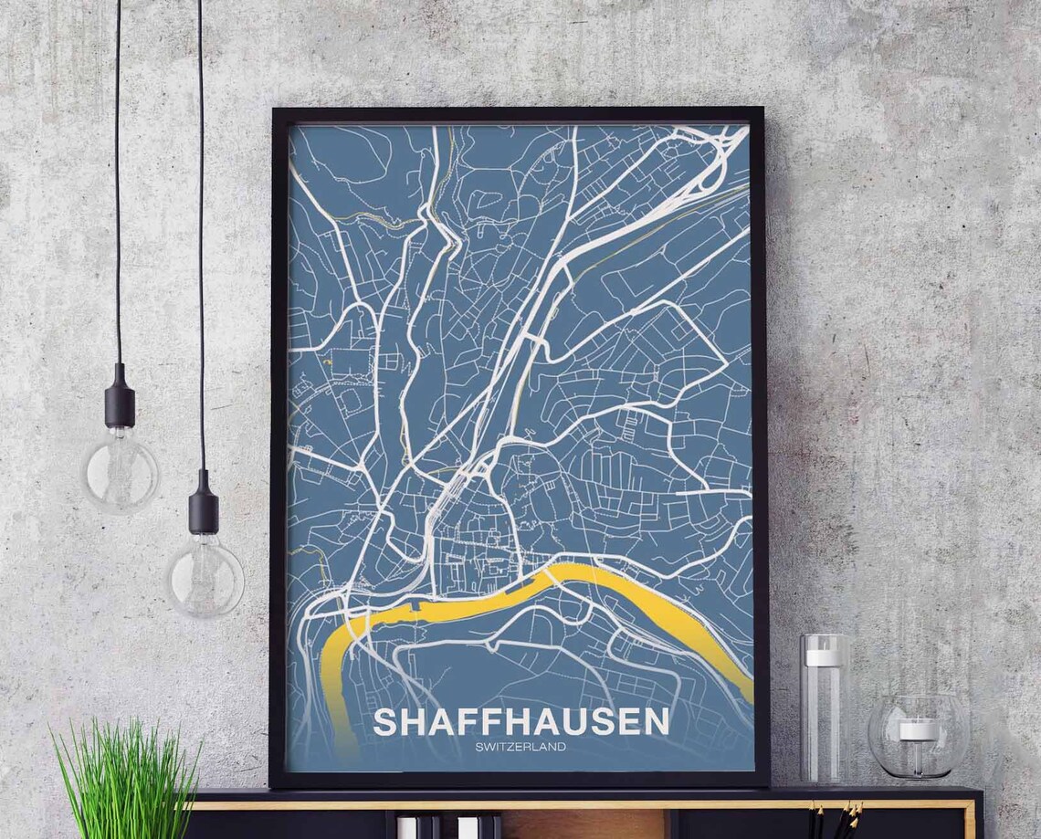Schaffhausen Switzerland Blue City Map River Modern Street Art Home Poster