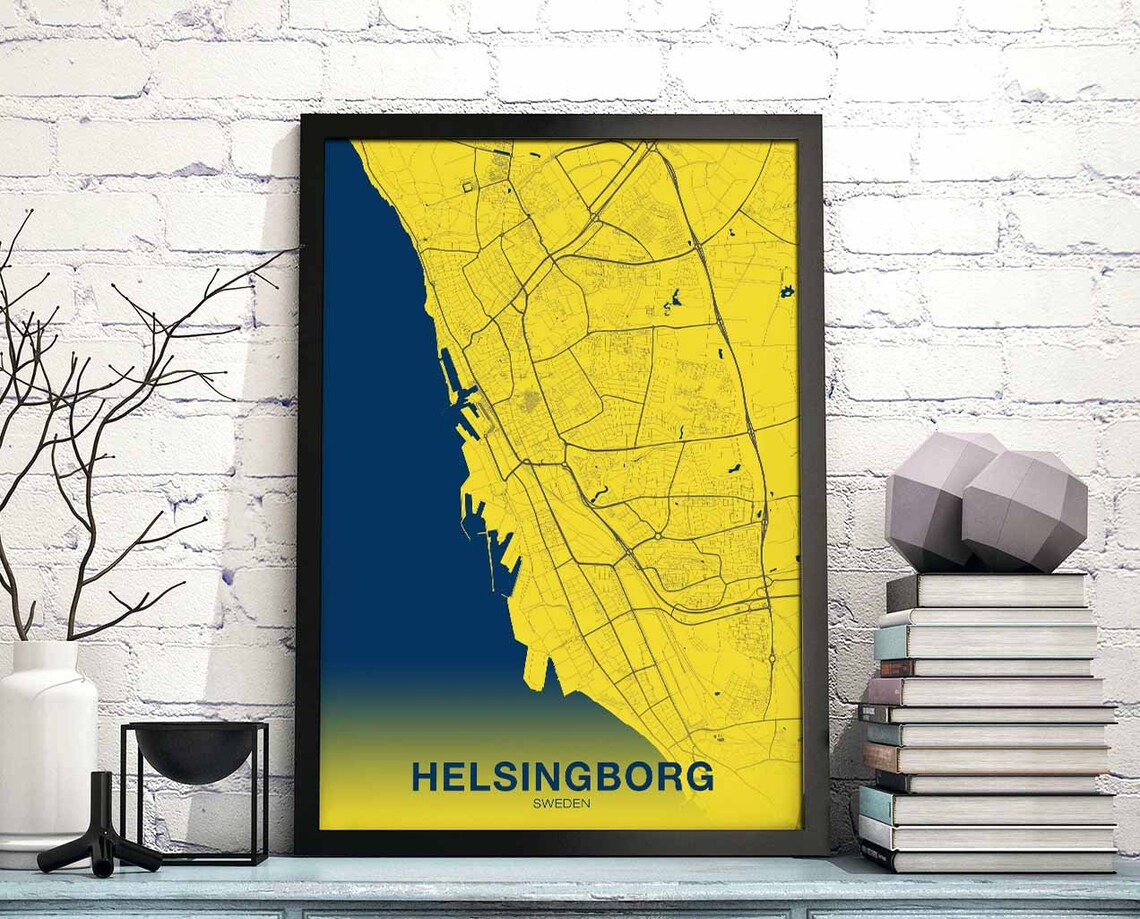 Helsingborg Sweden City Street Map Yellow And Navy Modern Poster