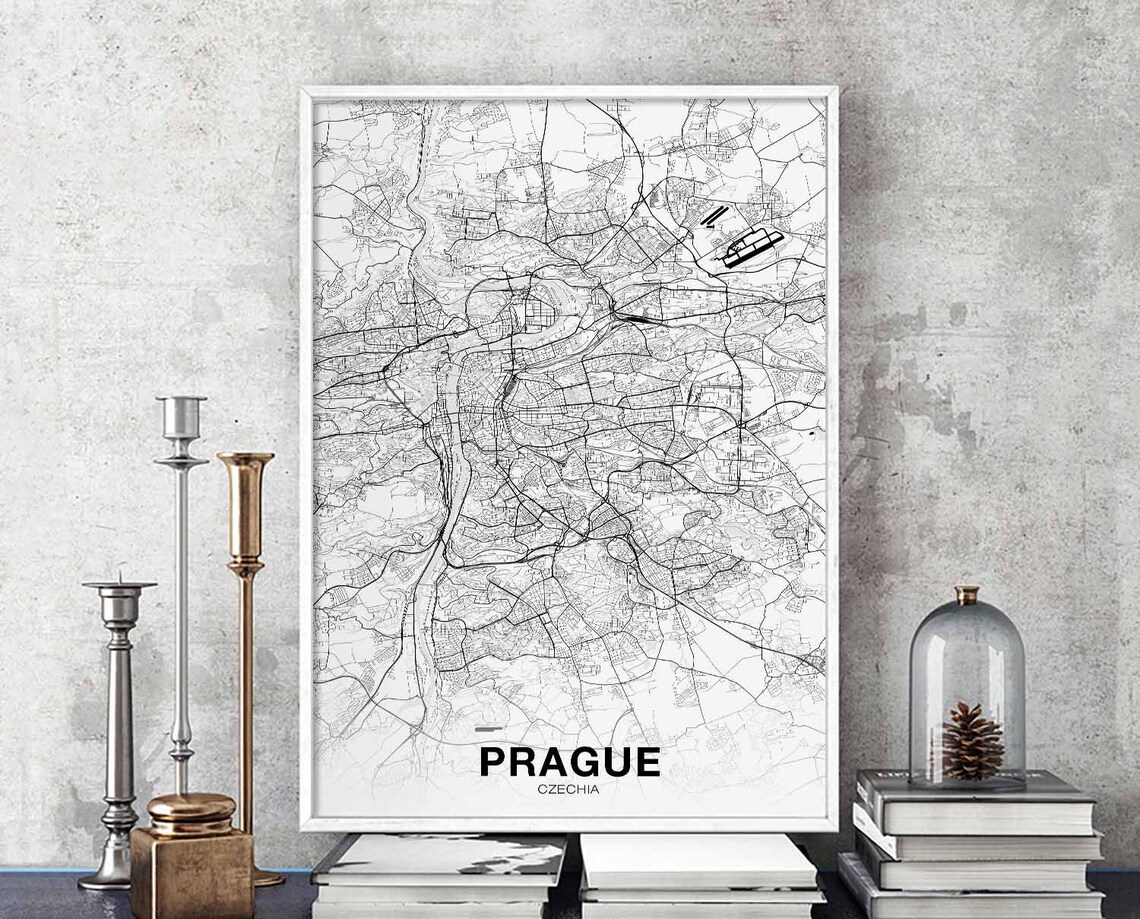 Prague Czechia City Map Black White Minimalist Street Art Poster