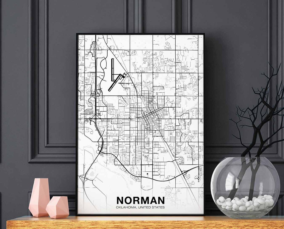 Norman Oklahoma City Map Black White Minimalist Home Decor Poster