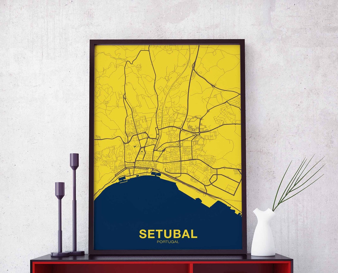 Setubal Portugal Yellow and Navy Coastal Street Map City Poster