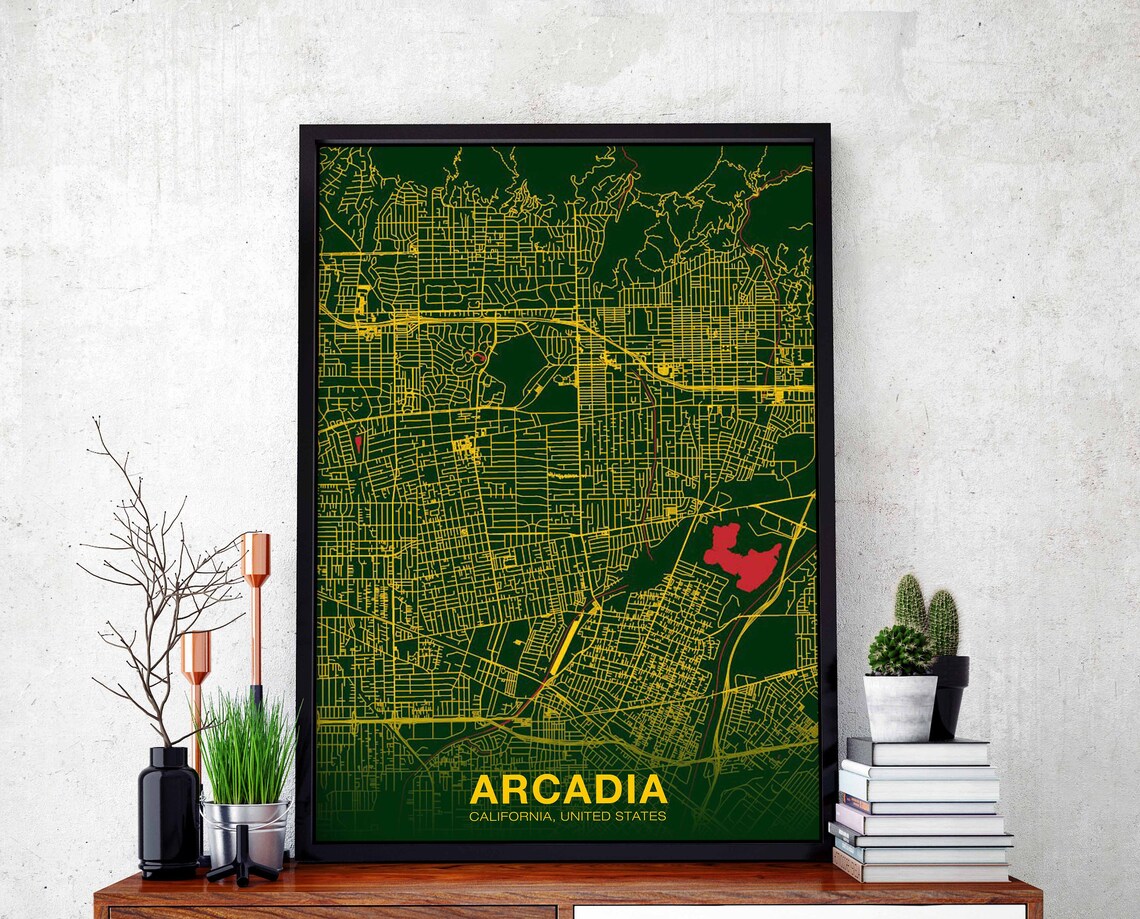 Arcadia California United States City Map Green And Gold Modern Poster