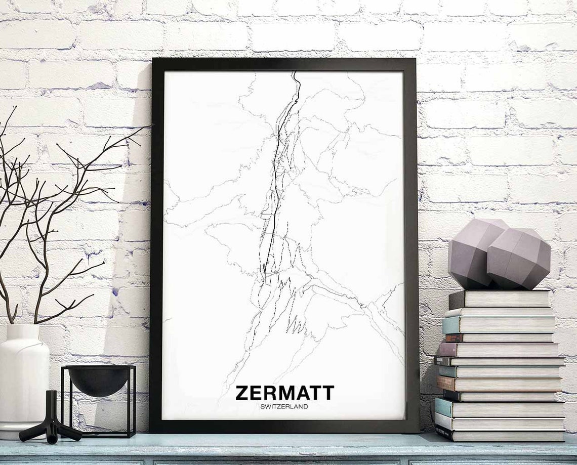 Zermatt Switzerland Alpine Mountain Contour Map Minimalist Wall Poster