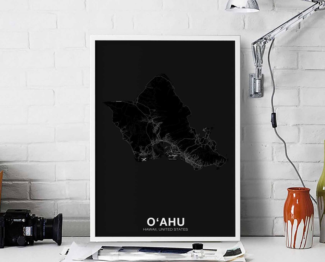 Oahu Island Hawaii Map Poster, Modern Home Decor