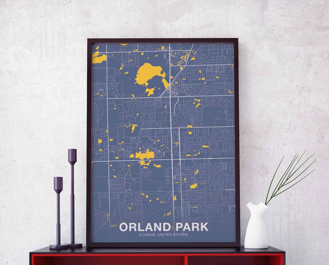Orland Park Illinois Street Map Navy Gold Lakes Modern Art Poster