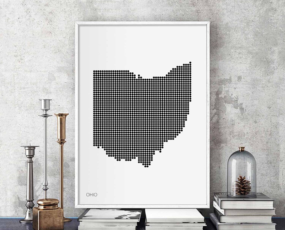 Ohio State Retro Map Poster, Minimal Dots Design