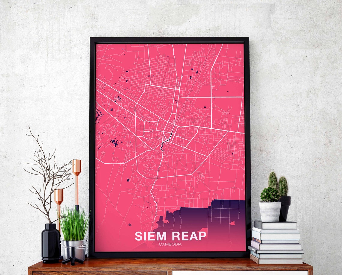 Siem Reap Cambodia Bold Pink Modern City Street Map Art Poster