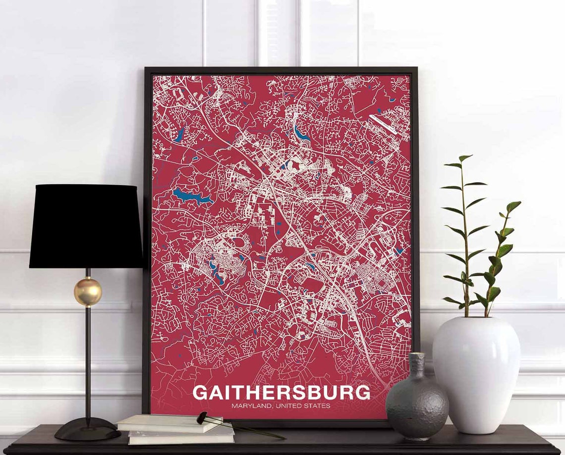 Gaithersburg Maryland Crimson City Map Poster Bold Modern Wall Decor