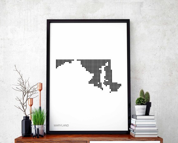 Maryland Us State Minimal Dots Retro Map Poster Black White Wall Decor Design Modern Swiss Scandinavian Nordic Housewarming Travel