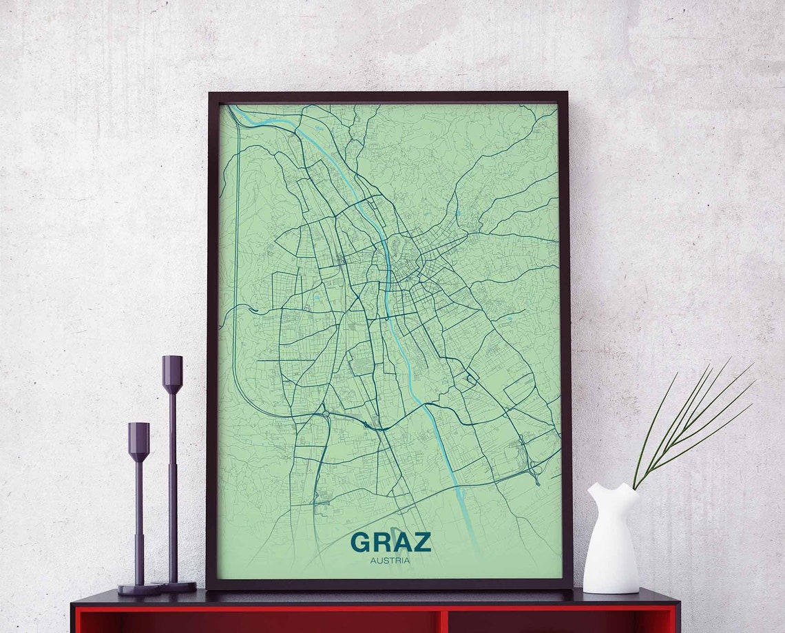 Graz Austria Mint Green City Street Map Poster In Pastel Decor