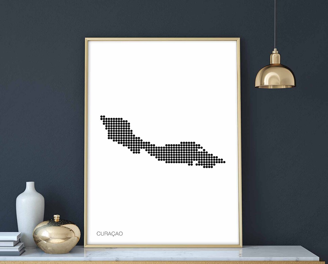 Curaçao Island Dotted Map Retro Minimalist Black White Wall Art