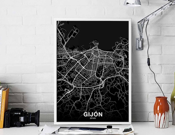 Gijon Spain Map Poster Black White Hometown City Print Modern Home Decor Office Decoration Wall Art Dorm Bedroom Gift