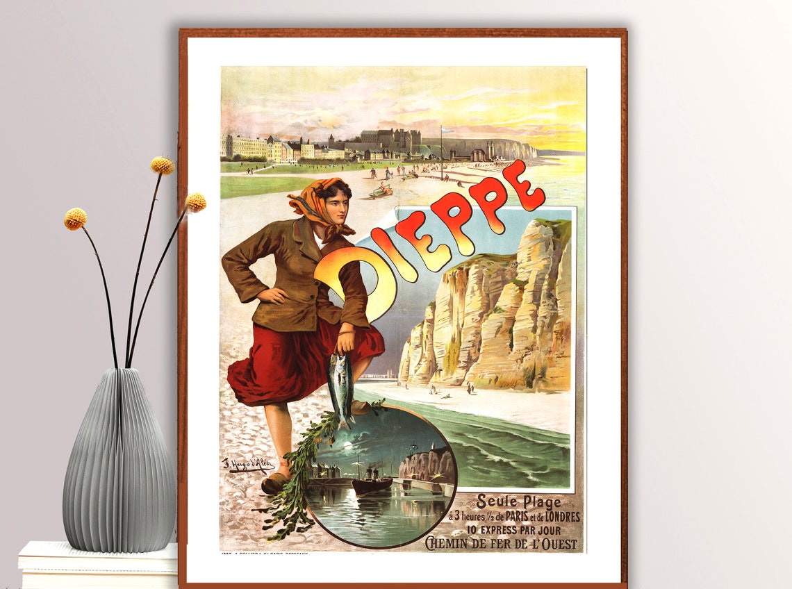 Dieppe Normandy White Cliffs Fisherwoman Railway Travel Poster