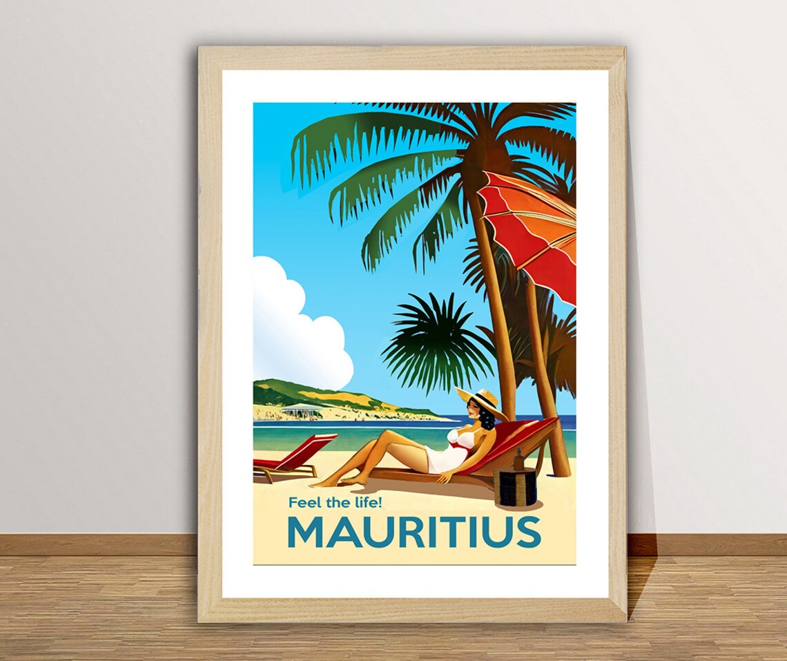 Mauritius Feel The Life Sunbathing Beach Vintage Island Travel Poster