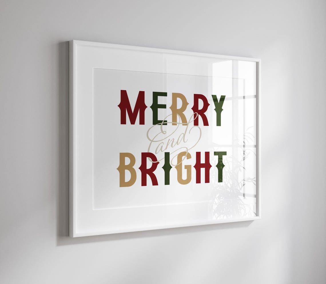 Merry and Bright Retro Typography Colorful Christmas Quote Poster