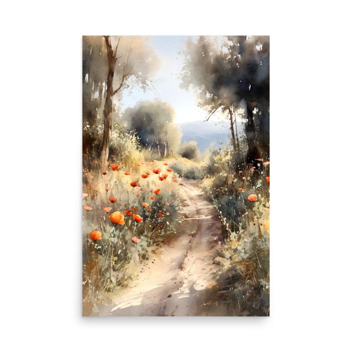 Poppy Field Path Through Woods Watercolor Nature Art Scene Poster - Image 5
