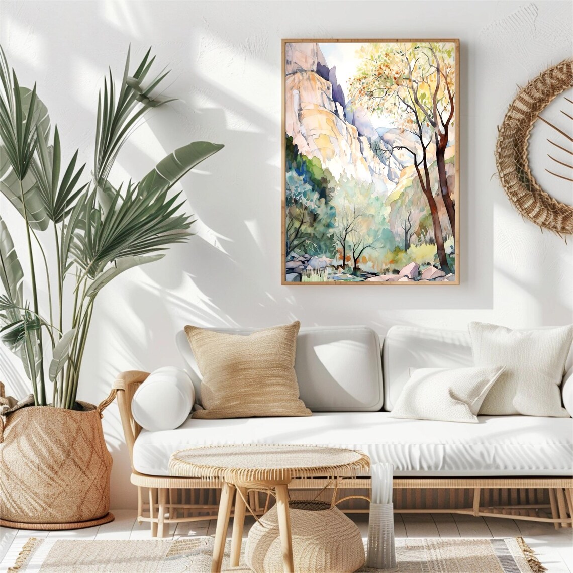 Zion Canyon Towering Sandstone Cliffs and Autumn Trees Watercolor Poster - Image 2