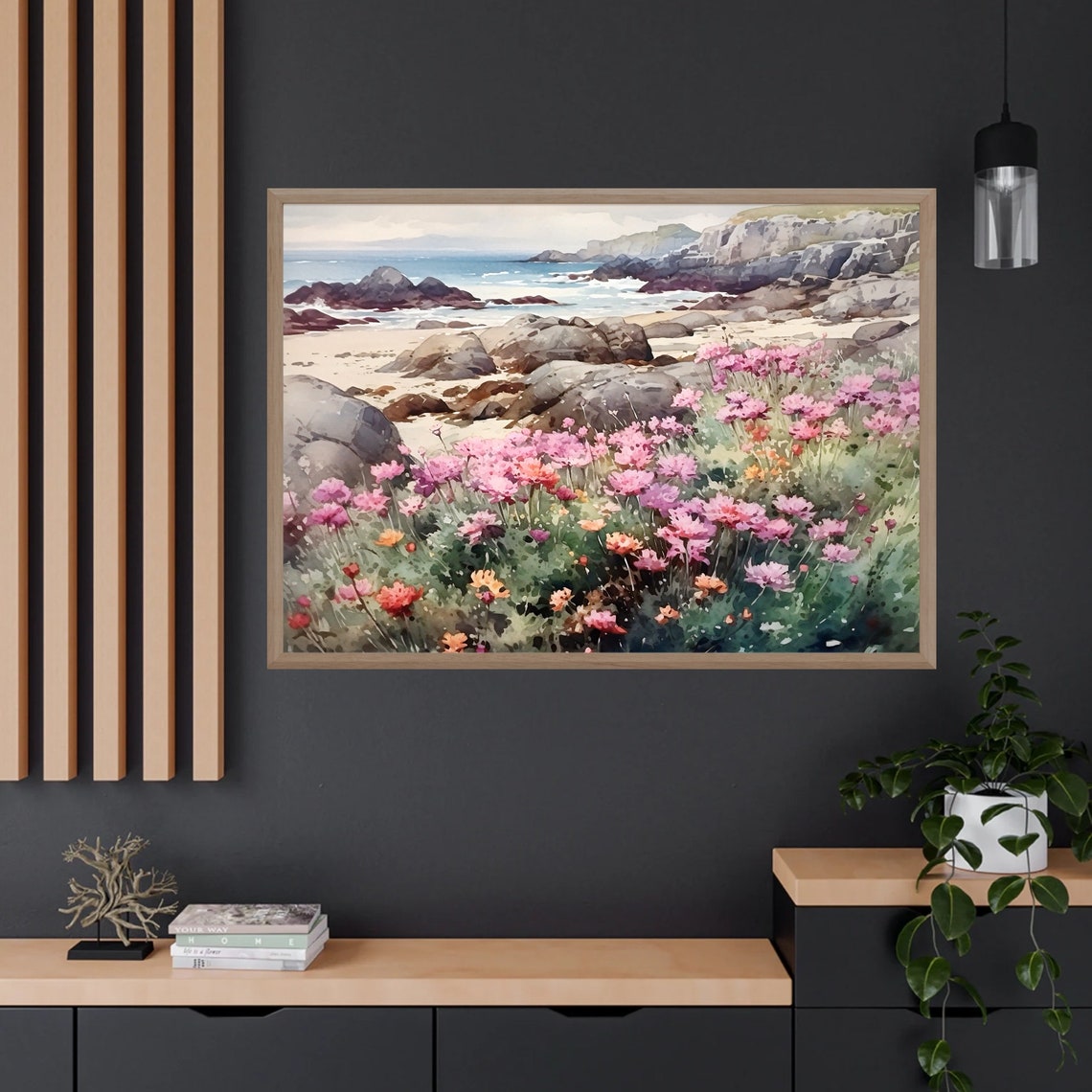 Coastal Cliffs Watercolor with Pink Wildflowers and Beach Poster - Image 4