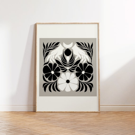 Dark Flowers Art Poster, Black and White Floral Art Print
