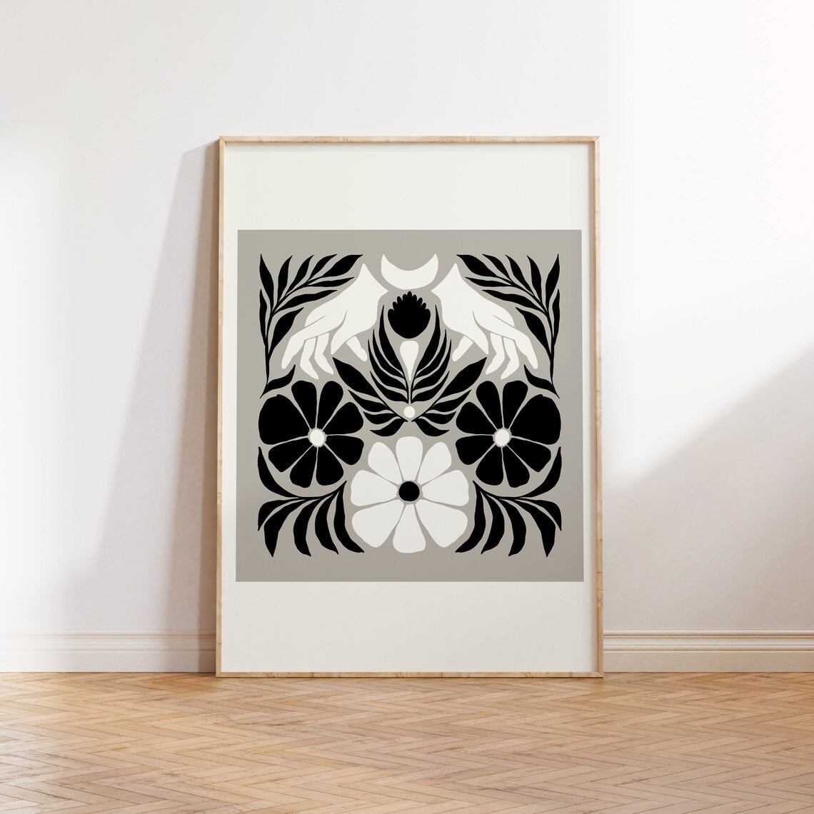 Dark Flowers Art Poster, Black and White Floral Art Print