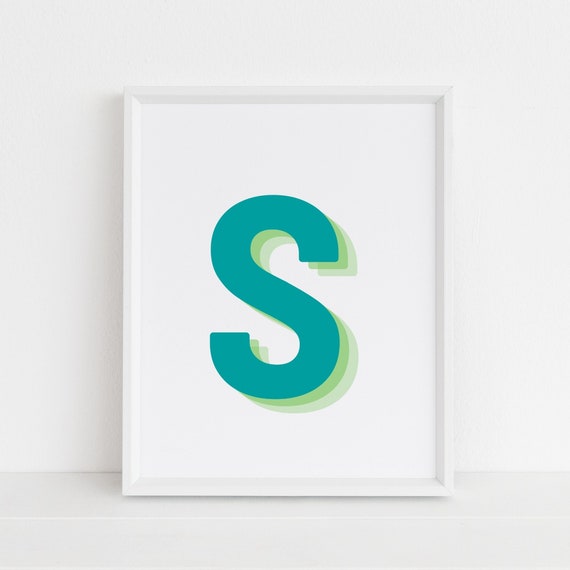 Retro 3d Letter S Print Monogram Letter Print Green And Lime Letter Initial Alphabet Print Baby Letter Art Wall Art