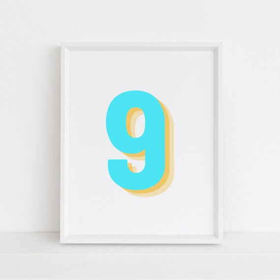 Retro Neon Blue Number 9, Monogram Number Nine