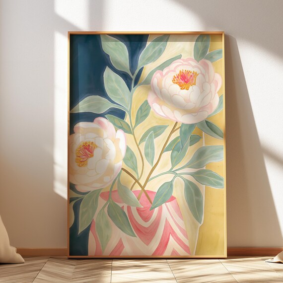 Pastel Peony Blooms In Striped Vase Colorful Floral Decor Poster