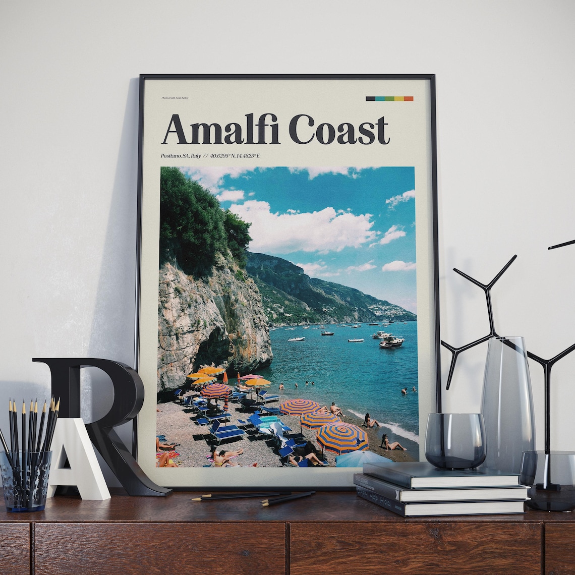 Amalfi Coast Positano Italy Striped Umbrellas Beach Day Travel Poster
