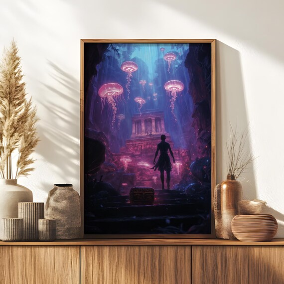 Glowing Pink Jellyfish Underwater Temple Diver Fantasy Adventure Poster