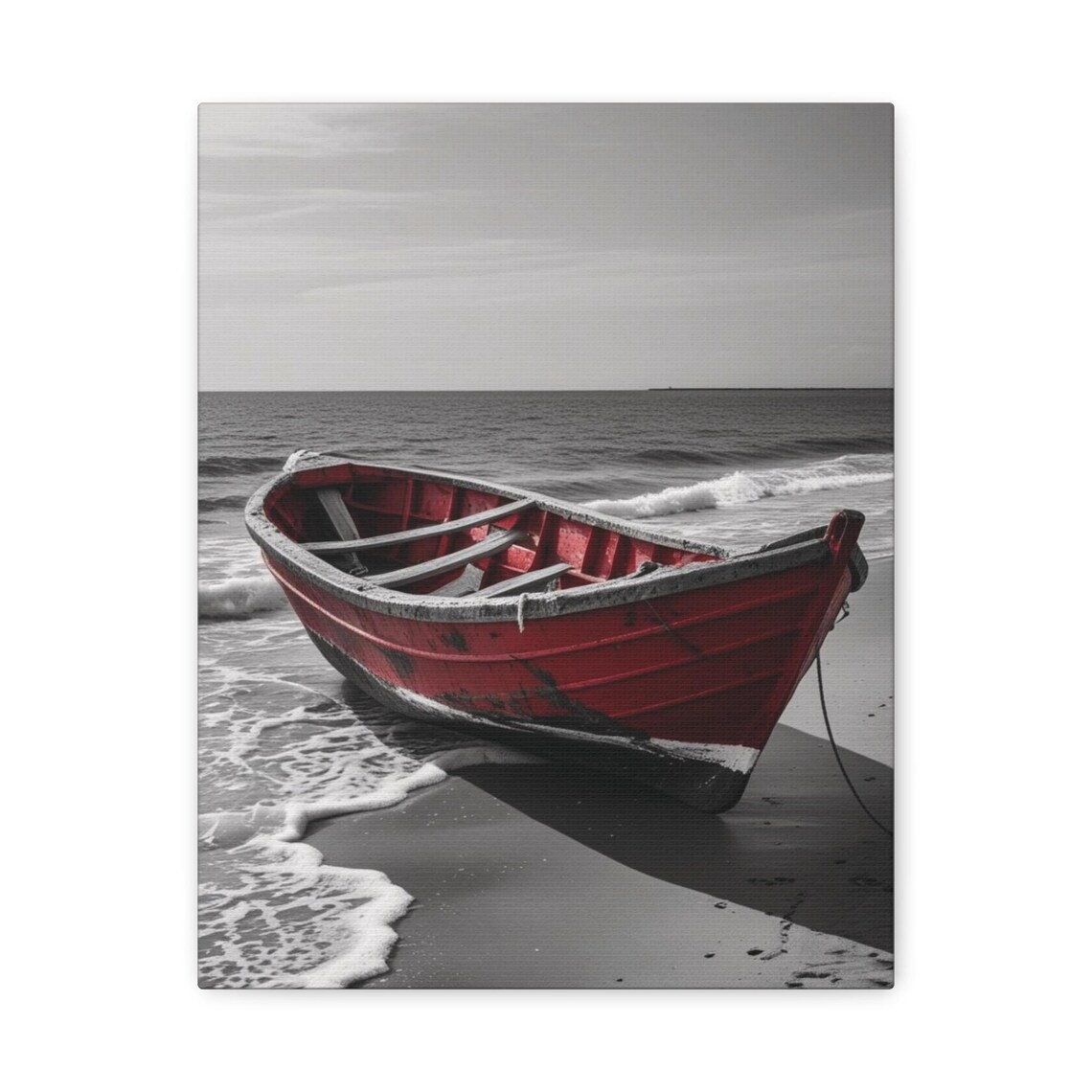 Red Boat Black White Beach Color Splash Coastal Photography Poster