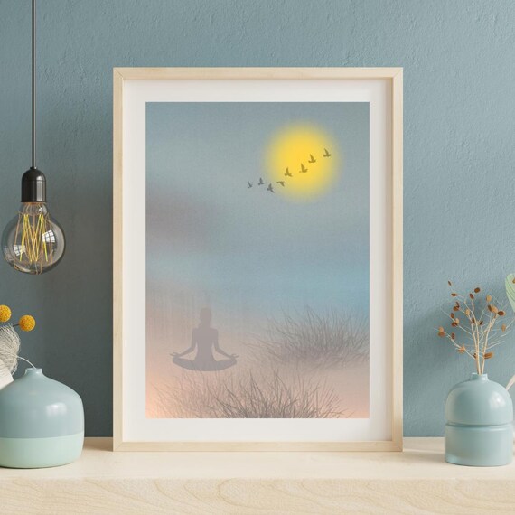 Meditation Wall Art Zen Poster With Birds Sunrise Yoga Room Decor Calm Abstract Landscape Print