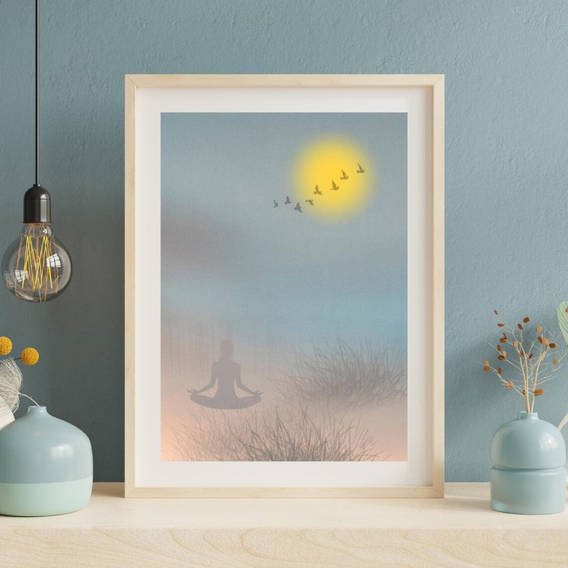 Meditation Yoga Sunrise Poster Zen Silhouette Birds Over Calm Sea Art