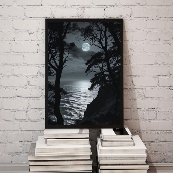 Moonlit Ocean Through Dark Trees Moody Night Seascape Art Poster