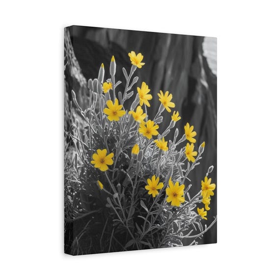 Yellow Wildflowers On Cliffside Minimalist Floral Wall Art Black And White Botanical Nature Poster Coastal Print For Home Decor