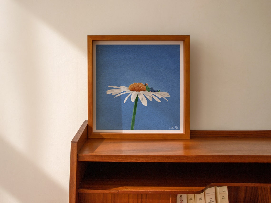 Tiny Person Resting on a Giant Daisy in a Dreamy Blue Sky Poster - Image 3