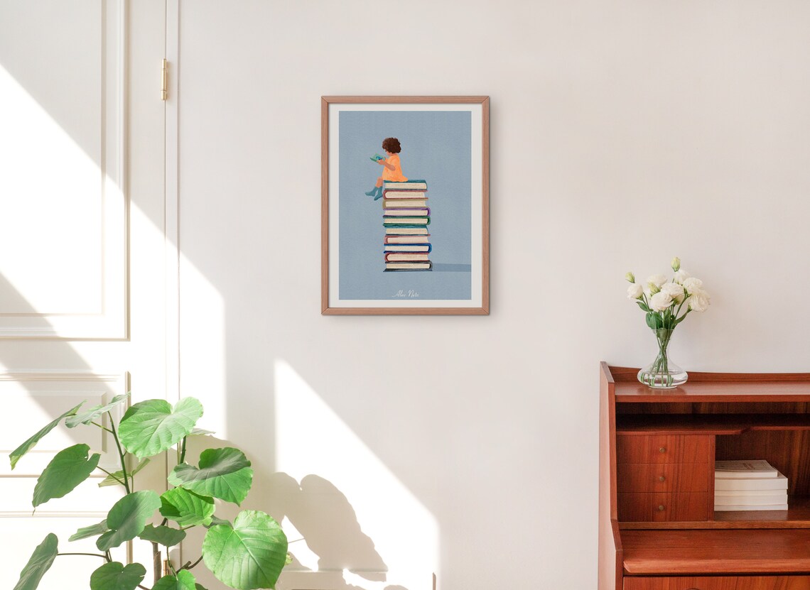 Child Reading Atop a Tall Tower of Colorful Books on Blue Poster - Image 3